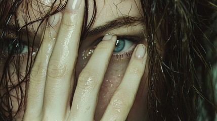This closeup portrait features a beautiful young woman wearing brown glamour makeup, looking straight into the camera lens