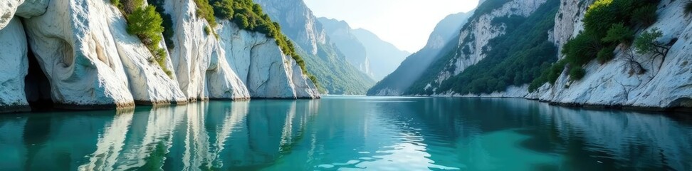 Gentle ripples disturb the calm surface of a gorged lake with white limestone cliffs rising above, waterfall, white cliff
