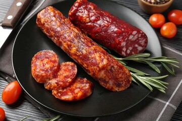 Cut smoked sausages, rosemary and tomatoes on black wooden table, closeup
