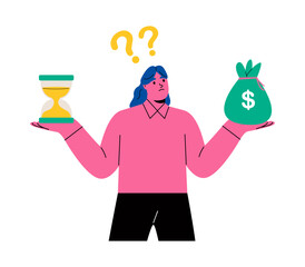 Business woman holds hourglass and money. Comparison of financial risks and benefits concept. Flat vector illustration isolated on white background