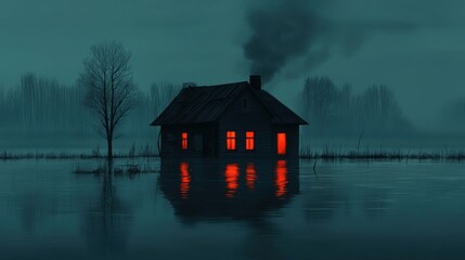 Fototapeta premium Flooded abandoned house in tranquil lake surrounded by trees and cloudy sky