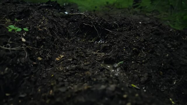 Zoom in video, low key lighting, the camera steadily zooms into a patch of dark, damp soil on the lush forest floor, revealing the subtle textures and moisture
