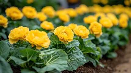 Rows of vibrant yellow ornamental cabbages planted in a garden bed, rich green leaves contrasting with bright yellow