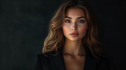 Fototapeta premium A striking portrait of a young woman with flowing hair and an elegant expression, set against a dark background. This image captures beauty, confidence, and poise.
