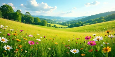 Fototapeta premium Meadow landscape with meadowsweet and wildflowers, countryside, greenery, scenery