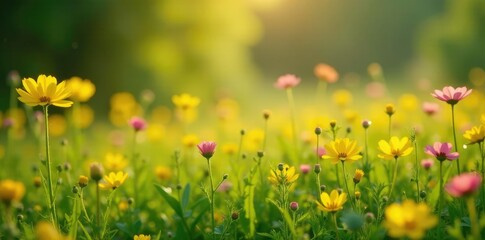 Meadow with yellow and pink flowers swaying gently in the morning dew, wildflowers, flora, yellow flowers