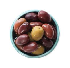 Delicious marinated olives in bowl isolated on white, top view