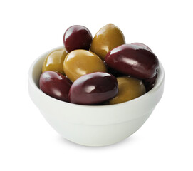 Delicious marinated olives in bowl isolated on white