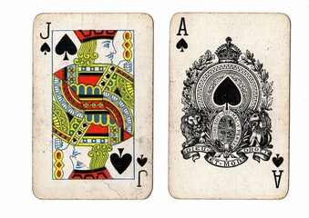 A blackjack or pontoon hand of vintage playing cards on a white background. © Philip
