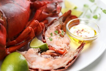 Delicious boiled lobster served on white table, closeup