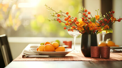 Autumnal Table Setting with Orange Fruit and Flowers