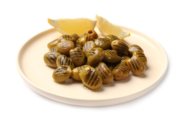 Grilled green olives and lemon wedges isolated on white