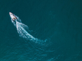 Drone shot of boat on sea at Gili-Air Island in Bali, Indonesia