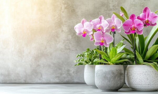 Beautiful arrangement of pink and white orchids in modern pots against a textured wall