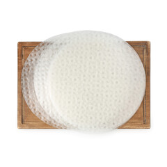 Edible rice paper sheets isolated on white, top view