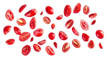 flying fresh tomatoes isolated on white background. clipping path