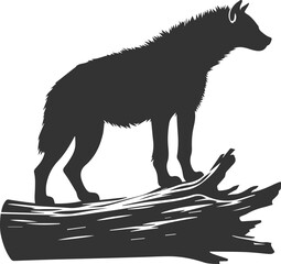 A hyena standing on a fallen tree, looking into the distance vector animal silhouette