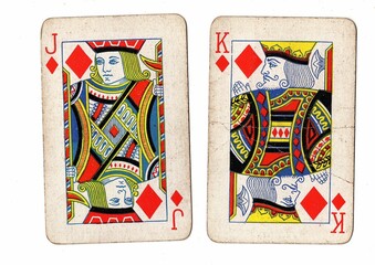 Obraz premium A blackjack or pontoon hand of vintage playing cards on a white background.