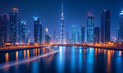 Obraz premium Illuminated City Skyline at Night, Generative AI