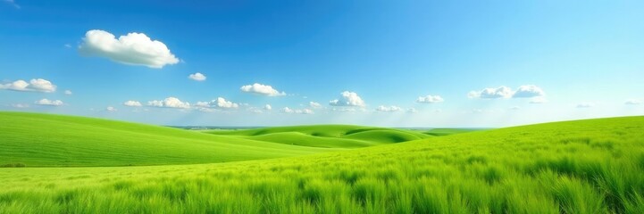 Fototapeta premium Rolling hills with green field and blue sky in Kansas landscape, wheat, sky, nature