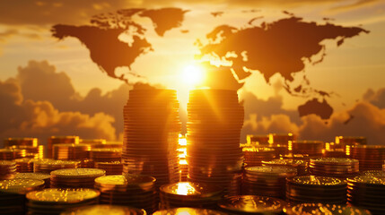 A montage with stacks of gold coins and the continents of the world