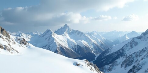 Naklejka premium Rolling snow-covered mountains under grey cloudy sky, clouds, mountain range