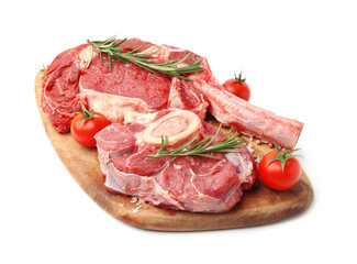 Pieces of raw beef meat, spices and tomatoes isolated on white