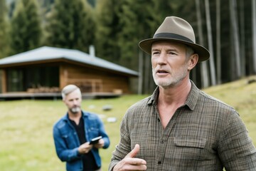 Fototapeta premium Farm owner addresses labor shortage challenges in vibrant field discussion with journalist under bright sunlight