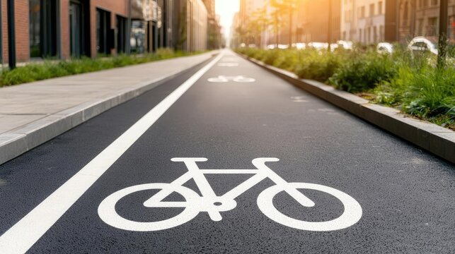 A bicycle lane marked with a white symbol, surrounded by greenery, showcasing a peaceful urban setting during golden hour.