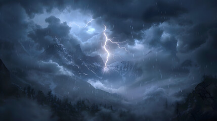 A powerful thunderstorm rips the night sky with bright flashes of lightning that cut through thick, dark clouds, creating a captivating and dramatic landscape.