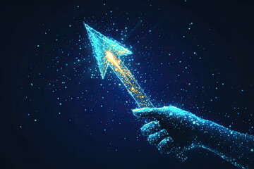 Naklejka premium Glowing Hand Holding Upward Arrow Digital Growth Concept Art