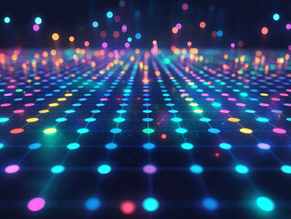 Obraz premium Vibrant abstract network visualization. Glowing nodes and connecting lines create a dynamic, futuristic grid. Perfect for tech, AI, data, connectivity, and digital concepts.