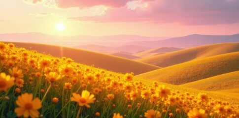 Naklejka premium Soft pink and orange light wash over a sea of blooming canola, rolling hills, gentle, canola