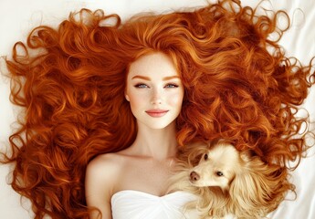 Fototapeta premium A smiling woman with long, flowing auburn locks is pictured in this stock image