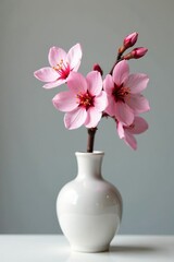 Soft pink cherry blossom bud in a vase with simple background, spring, plant, sakura flower