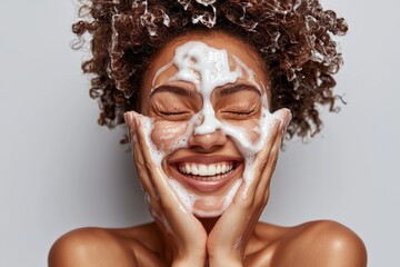 Fototapeta premium With a skin care beauty portrait, a young woman with freckles applies a white peeling product to her whole face, feeling overjoyed, as part of her dermatology and exfoliating routine