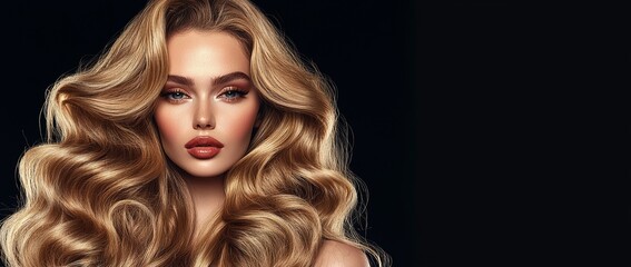 Fototapeta premium The image is a bright, intimate portrait of a woman with cascading blonde locks, her eyes closed, conveying a sense of peaceful beauty commonly used in shampoo ads