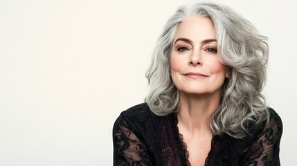 Fototapeta premium A neutral background provides the setting for a 60-year-old European woman, showcasing natural beauty with gray hair, minimal makeup, and ample space for text, highlighting the importance of