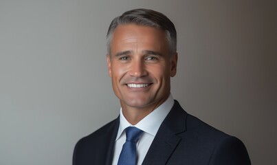 Executive manager dressed in a suit smiles warmly against a neutral background, showcasing confidence and professionalism