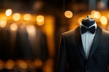 Elegant mannequin displaying black tuxedo with bow tie upscale boutique fashion product indoor setting close-up style inspiration