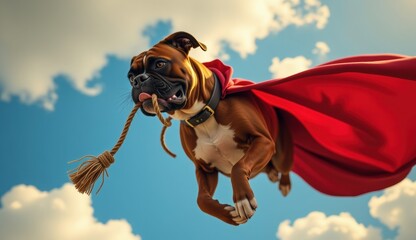 A powerful and whimsical scene captures a Boxer dog in mid-flight, soaring through a bright sky dotted with fluffy white clouds. The dog wears a vibrant red cape