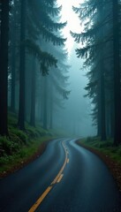 Obraz premium Vertical road winding through dense coniferous forest canopy, road, misty