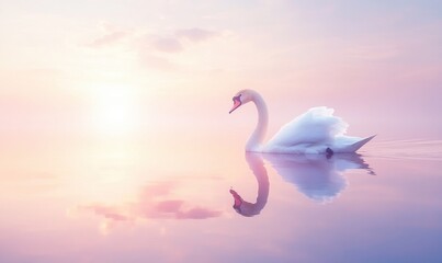 Elegant swan gliding across a serene lake at sunrise, with soft pastel colors reflecting in water