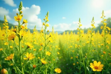Obraz premium Vines of tall yellow flowers sway gently in the breeze, field, flowers