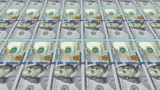 Usa dollars banknotes money printing process dollar cash work investment machine print. 3D Render.