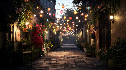 Fototapeta premium Romantic Night Scene in a Cobblestone Alleyway with Colorful Lanterns