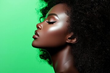 Obraz premium A profile view captures a woman with luxurious curly hair posed against a backdrop of texture