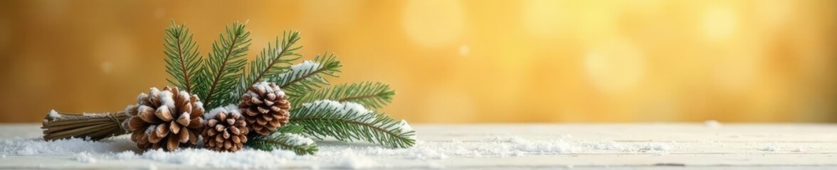 A bundle of snow-covered branches and pinecones against a warm gold background, pinecones, peaceful atmosphere, bundle