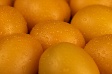 a large number of ripe orange tomatoes that are on the table