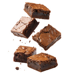 Pieces of chocolate brownies floating or falling in mid air isolated Trasnparent Background, Png Isolated, Trasnparent Background